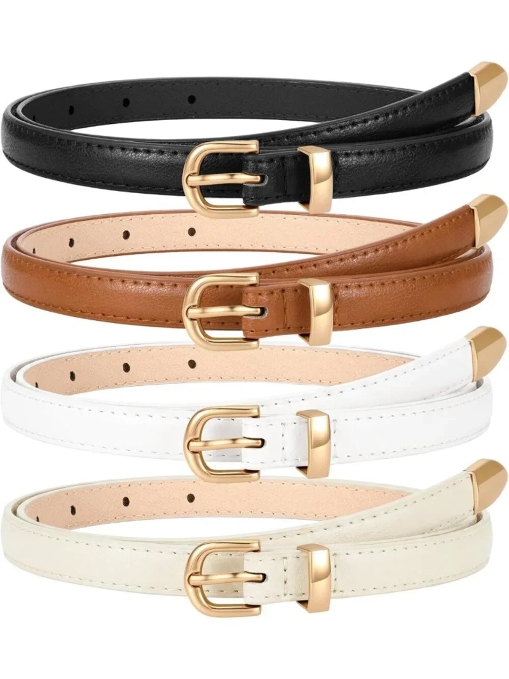 4 Pack Women's Skinny Leather Belts - Thin Waist Belts with Gold & Silver